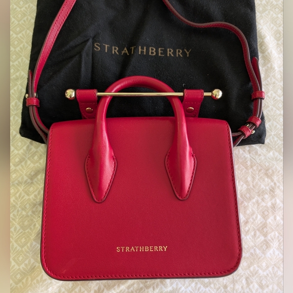 [Strathberry] Authentic Ruby Red Nano Tote Gold Hardware with Leather Strap - Picture 3 of 13